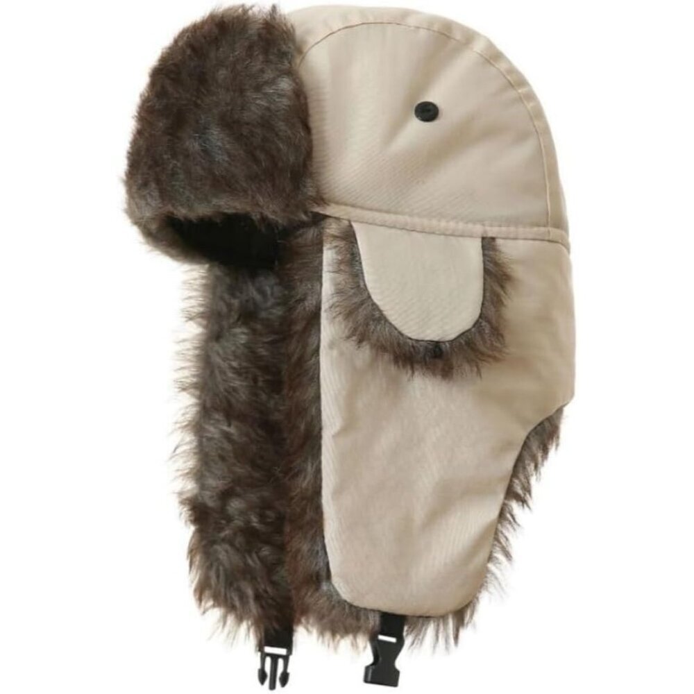 Unisex Beige Polyester Snow Skiing Trooper Winter Ear Flaps Classic Trapper Hat